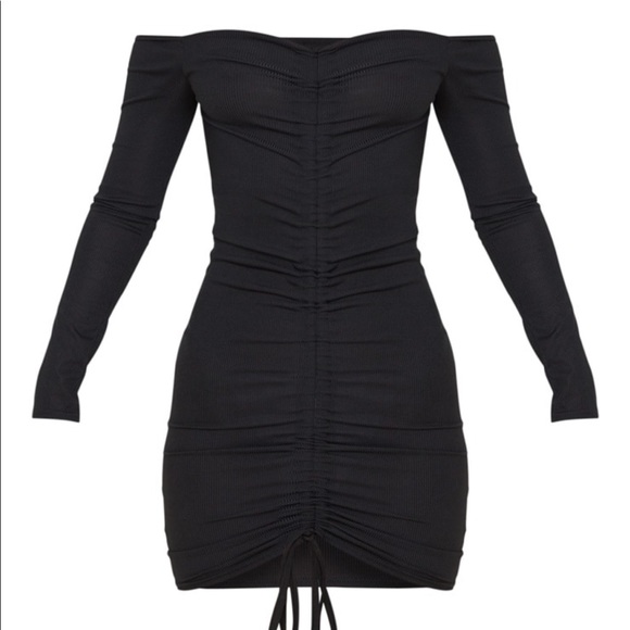 black ribbed long sleeve bardot ruched bodycon dress Black Ruched Bardot Off The Shoulder Long Sleeve Bodycon Mini Dress